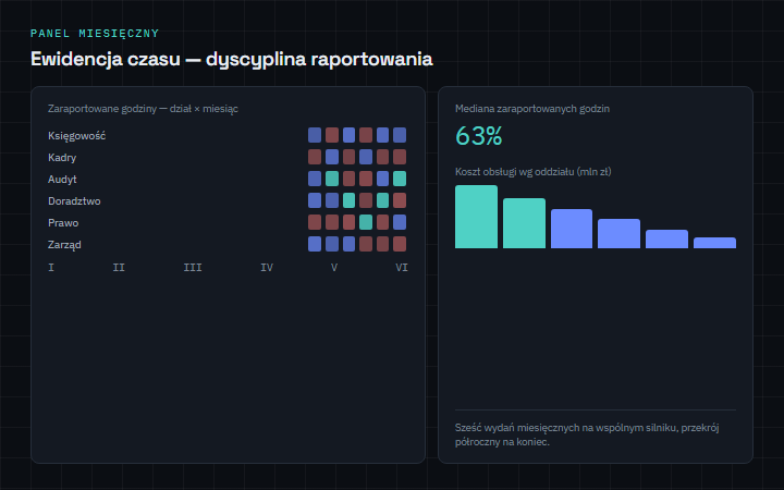Ewidencja czasu pracy — grupa doradcza — Wizualizacja poglądowa — układ produktu na danych wymyślonych, nie zrzut pracy dla klienta.